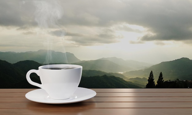 Café negro En una taza de café blanca hay humo o vapor blanco que se eleva espresso caliente en una mesa de madera para el desayuno El fondo es un paisaje de montaña El sol de la mañana está surgiendo renderización 3D