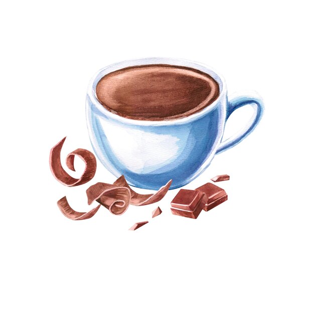 Café negro en una taza de cerámica con trozos de chocolate en ilustración en acuarela sobre un fondo blanco Ilustración dibujada a mano de Americano para libros de cocina de menús de cafés logotipo de la marca de café