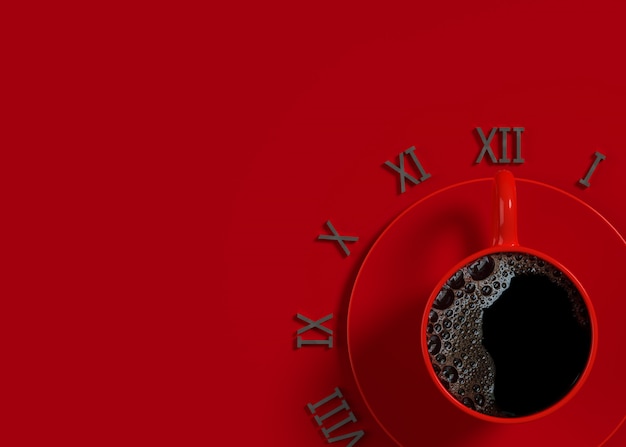 Café negro en taza roja por tiempo. El concepto de la idea del tiempo de trabajo y de la rotura, 3d rinde.