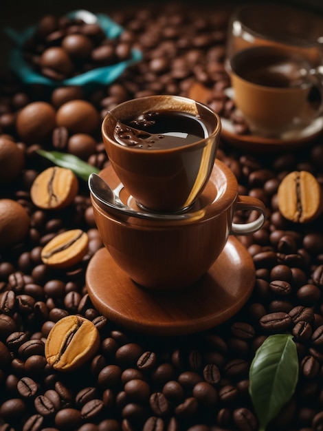 Café negro en una taza sobre el fondo de granos de café en una composición con accesorios