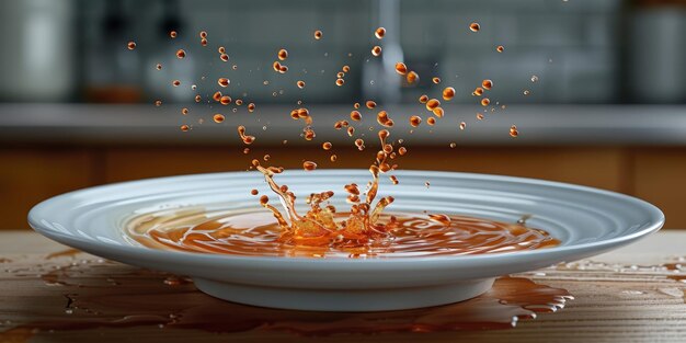 Foto café negro en vaso derramado y salpicaduras en una mesa