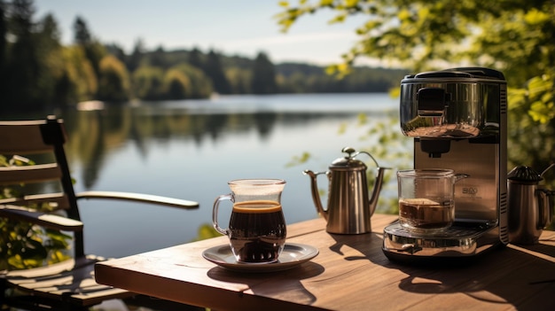 Café numa mesa com vista para o lago