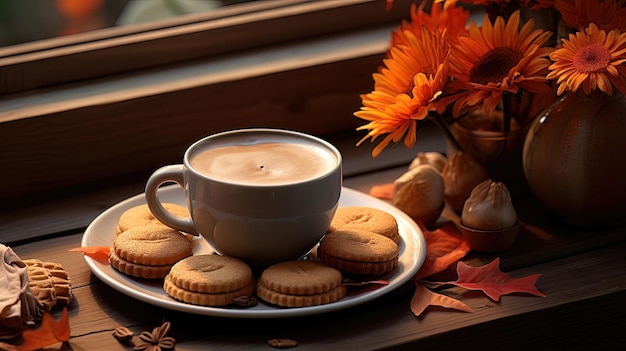 Café de otoño con galletas