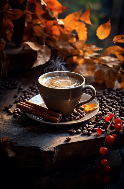 Café en el paisaje azul de otoño hojas secas