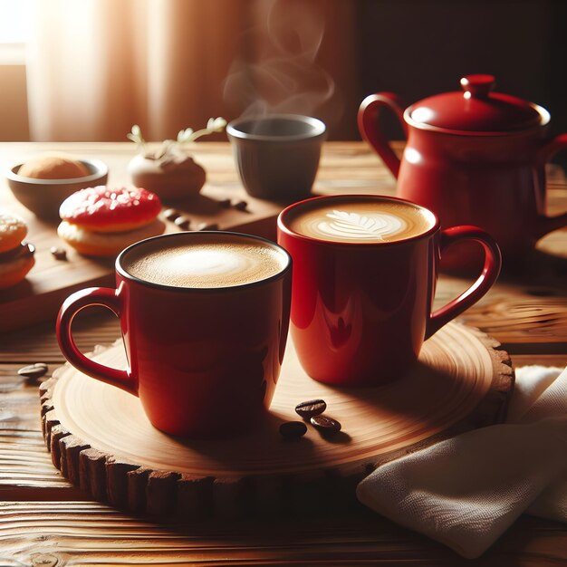 Foto café para duas xícaras vermelhas em uma mesa