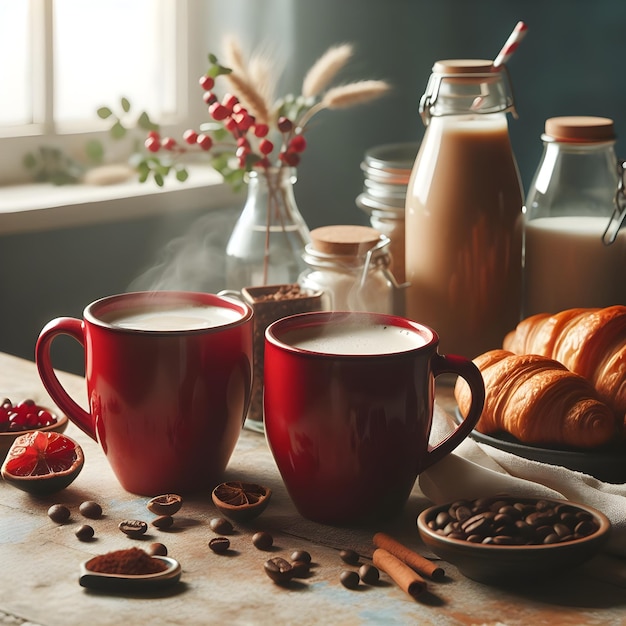 Foto café para duas xícaras vermelhas em uma mesa