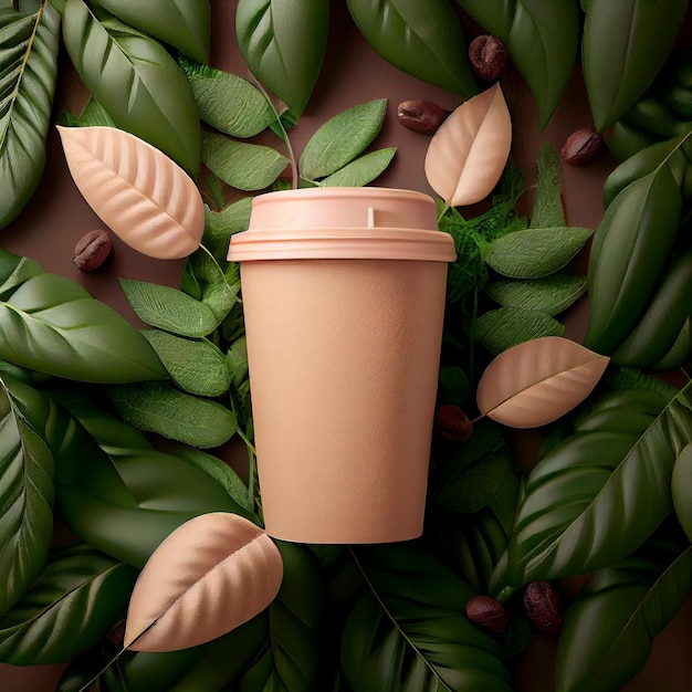 Café para ir em um fundo com plantas verdes Ilustração Generative AI