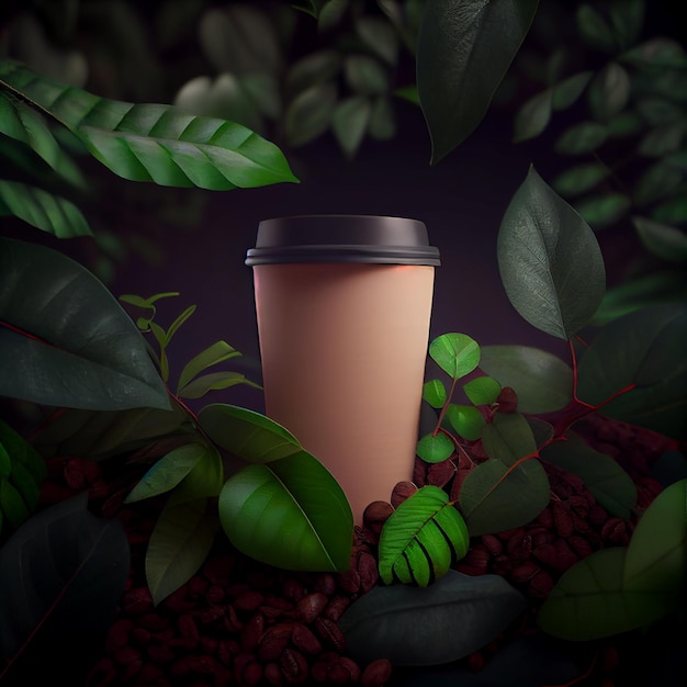 Café para ir em um fundo com plantas verdes Ilustração Generative AI