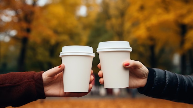 Café para ir mockup close-up de amigos mãos segurando copos de papel com canecas de café para levar outono