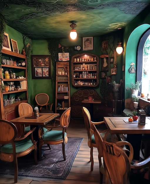 Café con paredes verdes y muebles de madera vintage Ai Generative