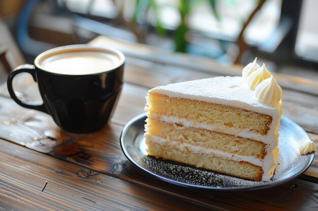 Café y pastel en una mesa de madera a la luz del sol