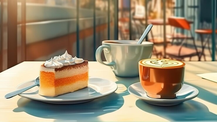 Café y pastel en una mesita de café afuera Bebida matutina concepto de buen humor Ai generativo