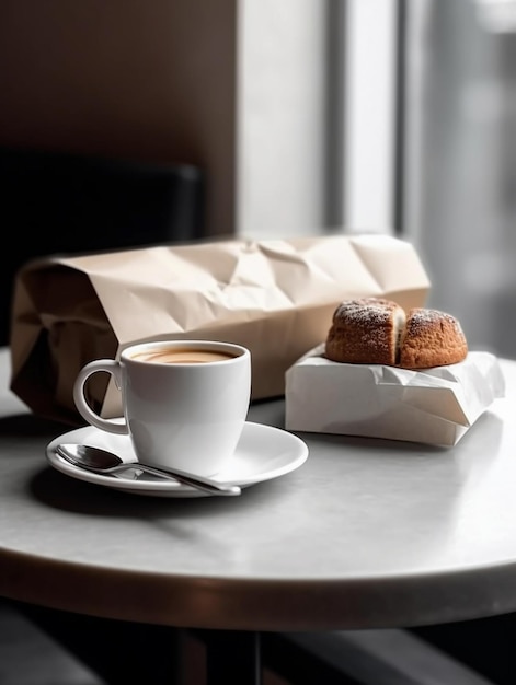 Café y pasteles y una bolsa de papel sobre la mesa en un café.