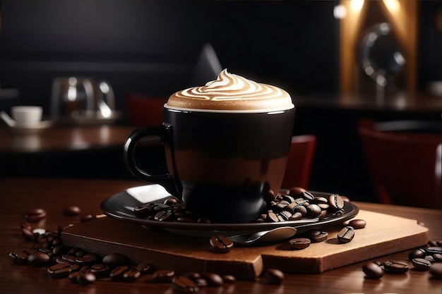 café premium en una mesa de restaurante con fondo oscuro