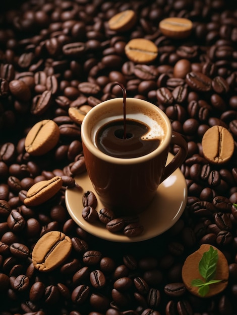Café preto em uma xícara no fundo de grãos de café em uma composição com acessórios