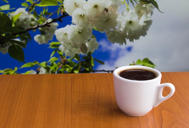 Café preto no copo branco sobre a mesa de madeira no contexto da cerejeira em flor. fechar-se. copie o espaço.