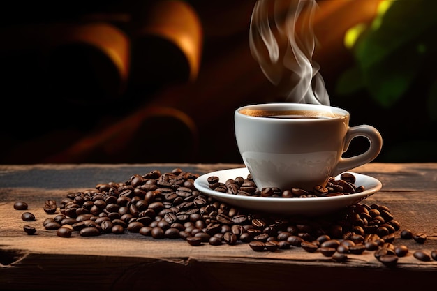 café quente com grãos de café na mesa de madeira