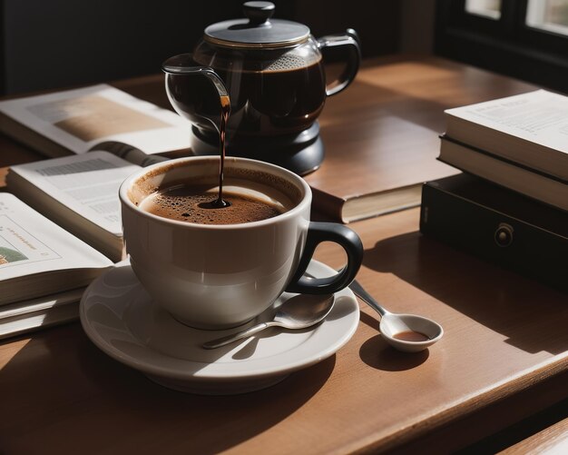 Café quente com livros em cima da mesa