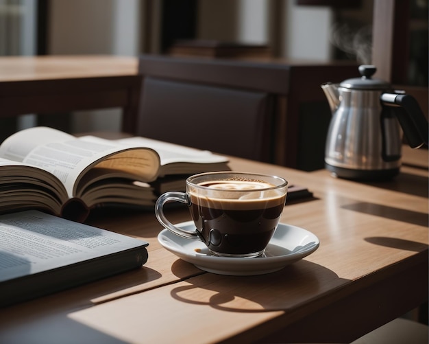 Café quente com livros em cima da mesa