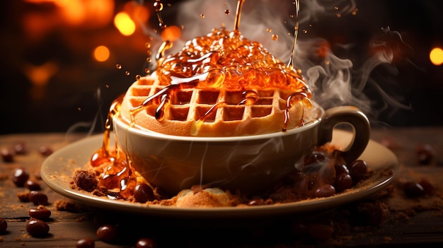 café quente com waffles café quente com fumaça