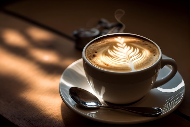 Café quente da manhã na mesa de madeira