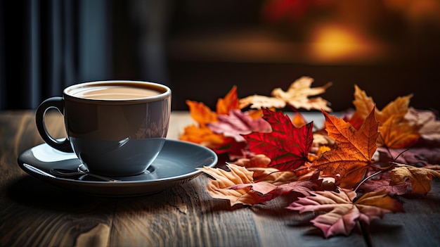 Café quente de outono e outono com folha de bordo falsa na mesa de madeira