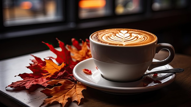 Café quente de outono e outono com folha de bordo falsa na mesa de madeira