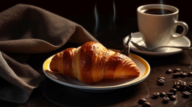 Café quente e croissant fresco em uma superfície de madeira gerada por IA