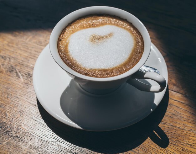 Café quente em xícara de cerâmica branca redonda no fundo da mesa de madeira