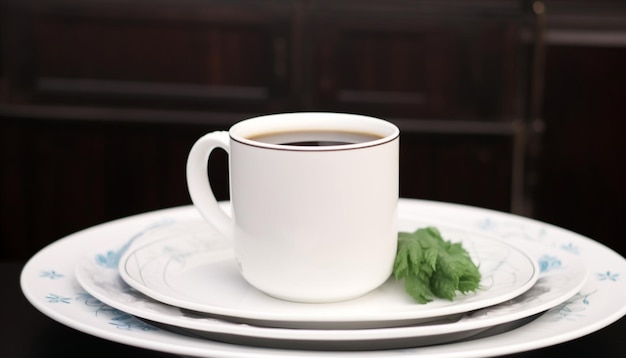 Café recién hecho en un plato sobre una mesa de madera generado por IA