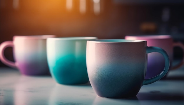 Café recién hecho en una taza azul sobre una mesa de madera en una cafetería generada por IA