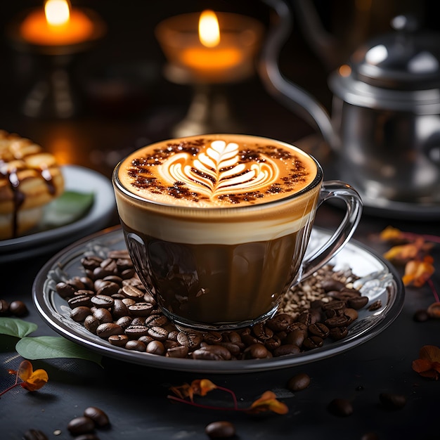 Café recién hecho Una taza de café bien elaborada con granos de café latte art acogedor y romántico