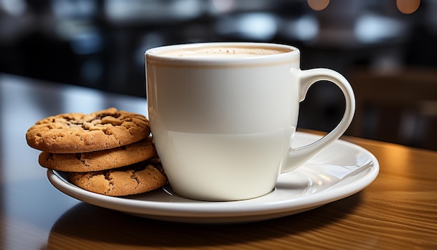 Café recién preparado en una taza con galleta de chocolate generada por inteligencia artificial