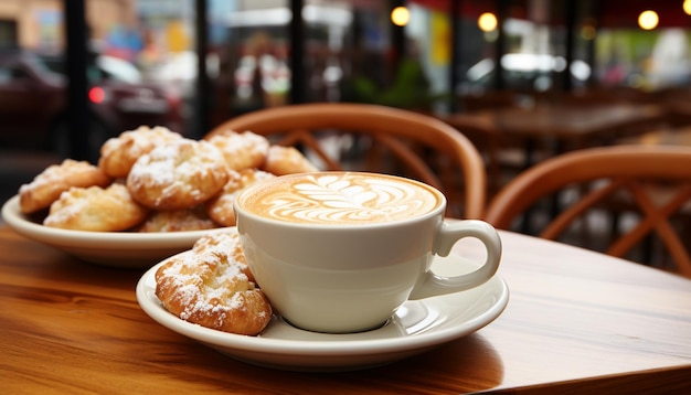 Café recién preparado en una taza de madera perfecto para un descanso generado por inteligencia artificial