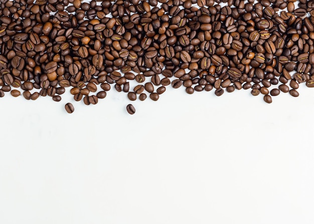 Café recién tostado Vista superior de granos en fondo blanco para el concepto de Java orgánico