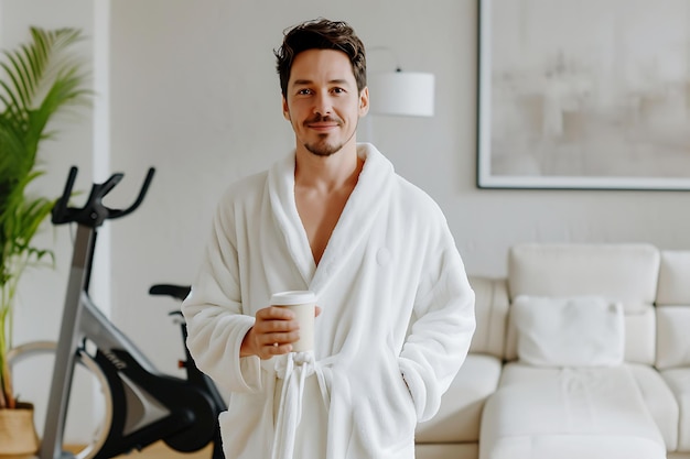 Café relajado por la mañana después del entrenamiento en bicicleta en casa