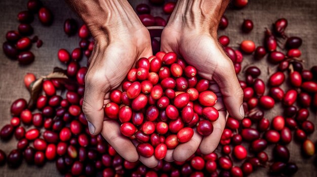 Café rojo fresco grano de café de cereza roja en las manos