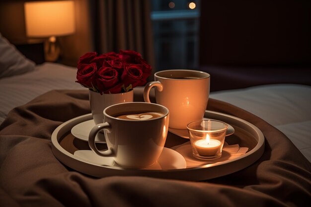 Café romántico en la habitación del hotel para el día de San Valentín Mañana acogedora