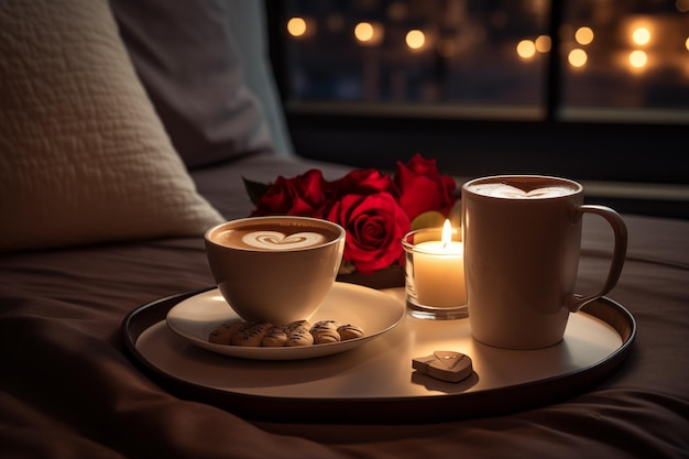 Café romántico en la habitación del hotel para el día de San Valentín Mañana acogedora