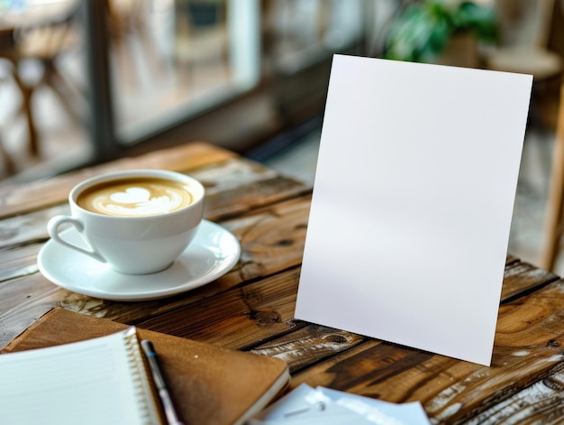 Un café sereno con una taza de café con leche y un cuaderno en blanco