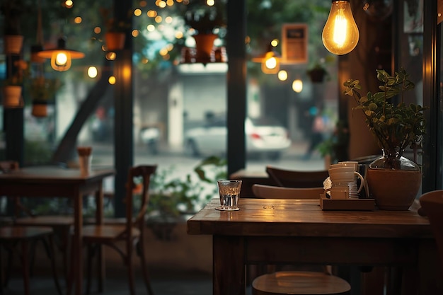 Un café sirve café y té en una silla de mesa de madera con un ambiente agradable