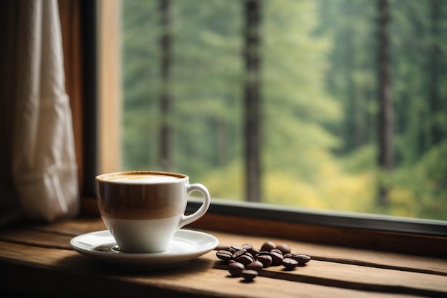 Café en una taza blanca en un restaurante con vistas a la ventana