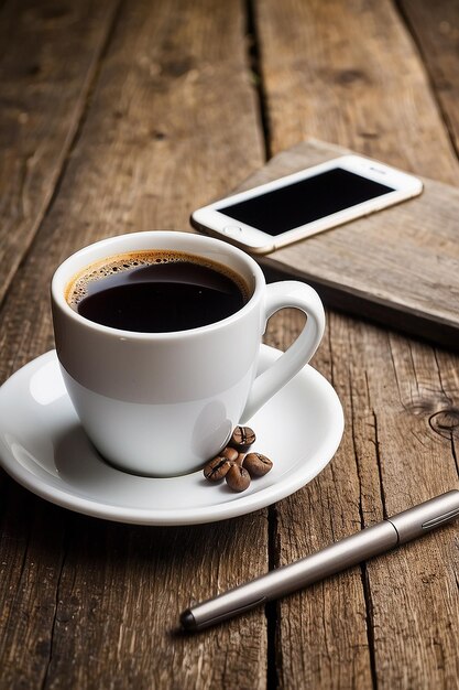 Café en una taza blanca en una vieja mesa de madera y un teléfono inteligente