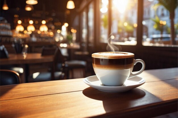 Café en una taza en una mesa de madera en un café con iluminación en el fondo