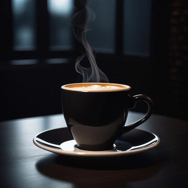 Un café en una taza negra con un fondo oscuro