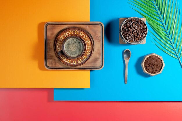 Café en una taza con postre sobre un fondo de colores brillantes