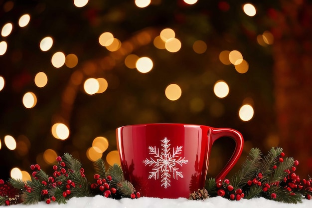 café en una taza roja con un copo de nieve en una atmósfera de cuento de hadas de guirnaldas navideñas