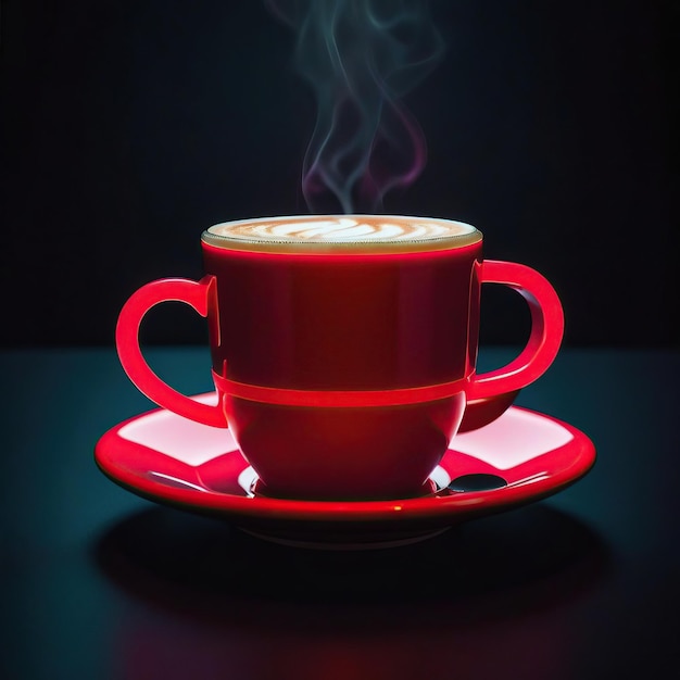 Un café en una taza roja con un fondo oscuro