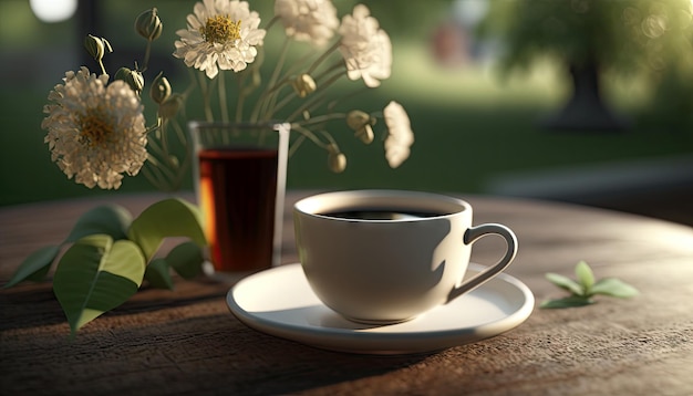 Café en taza sobre mesa de madera con flores en temporada de primavera café tranquilo y relajante IA generativa