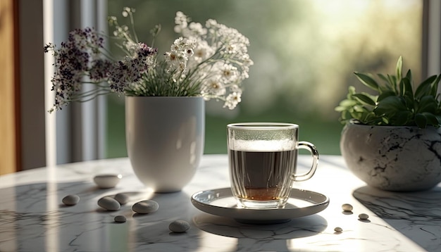Café en taza sobre mesa de madera con flores en temporada de primavera calma y relajación café caliente IA generativa